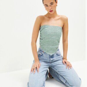 Reformation Dillon Linen Top Palms Green Gingham Strapless Size 4